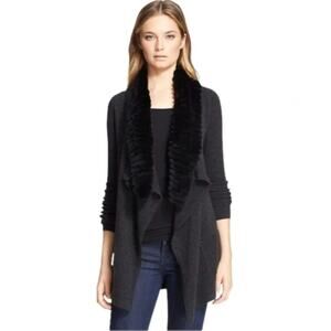 THEORY Gray Long Sleeve Maritza Fur Genuine Rabbit Collar Wool Cardigan Size L